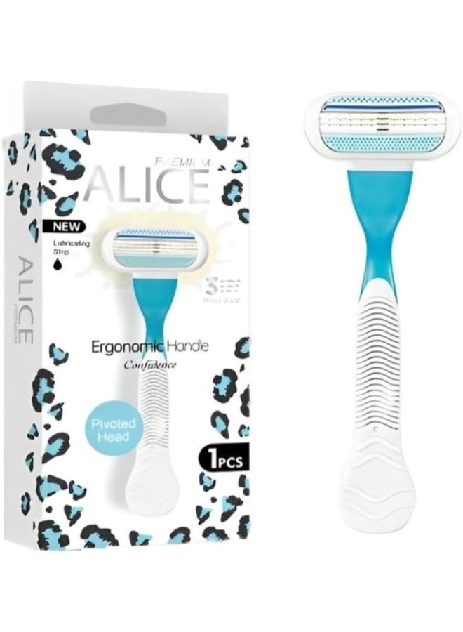 ماكينة حلاقة نسائية، أليس الفاخرة، مقبض مريح، رأس محوري، ثقة، شريط ترطيب جديد، قطعة واحدة، أزرق فاتح وأبيض، للبشرة الجافة (موديل - AS-22)